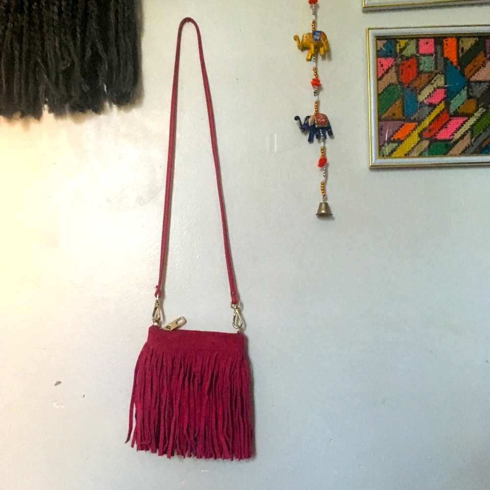 Fuchsia suede fringe crossbody bag